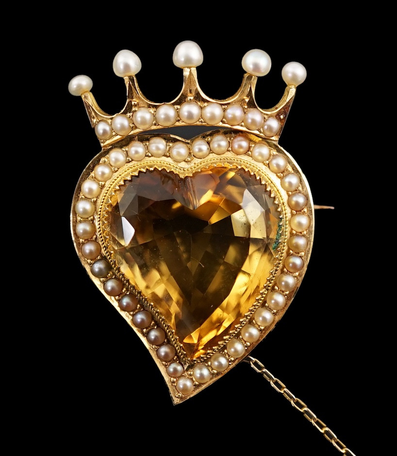 A Victorian gold, single stone heart shaped citrine and seed pearl cluster set coronet brooch